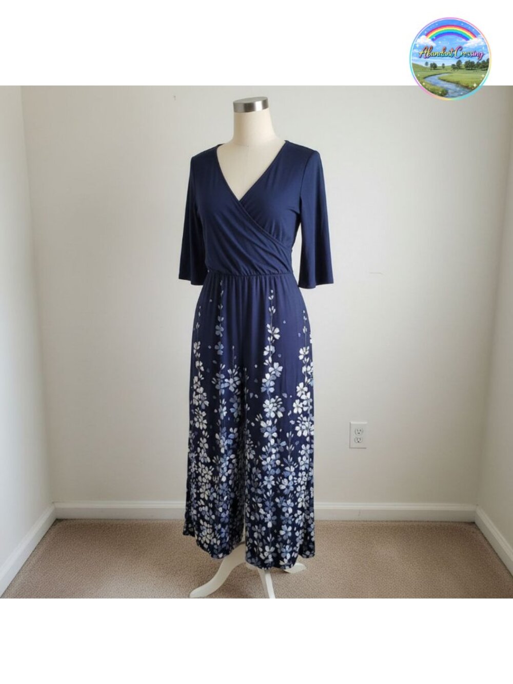 Women's Boho Floral V Neck Short Sleeve Wide Leg Jumpsuit with Pockets